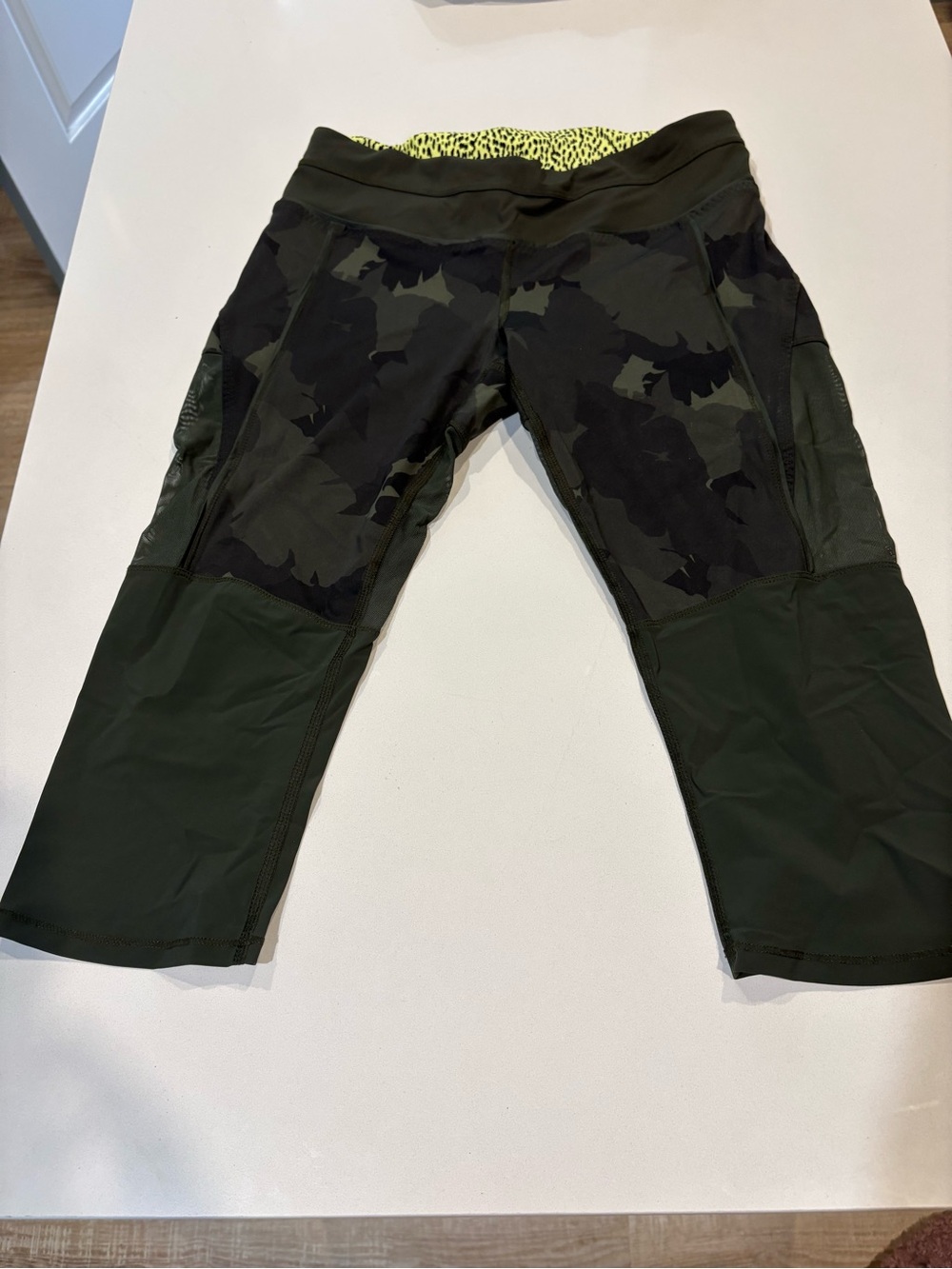 Olive Green Camo Athletic Capris with mesh panels on back